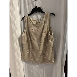 Adrianna Papell Evening Tan Beaded Floral Embroidered Tank Sz 16 Missing Beads